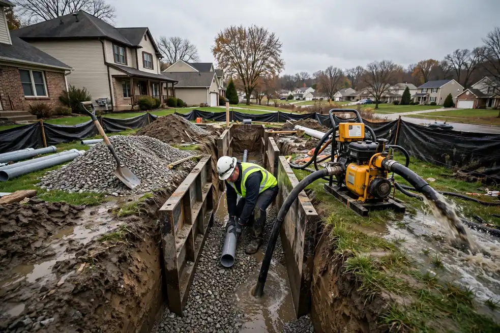 New sewer lateral installation in a dewatered trench at a St. Charles IL home