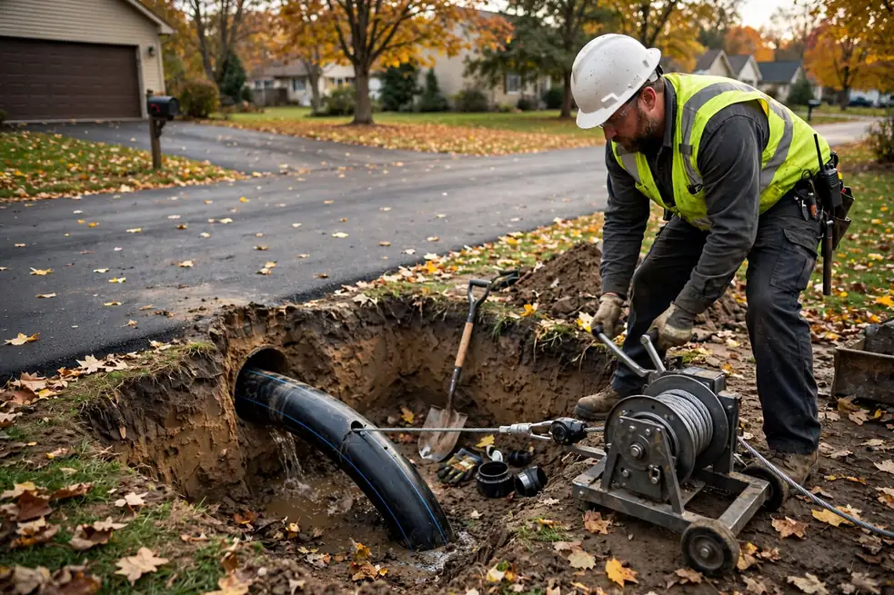 New HDPE sewer lateral pulled under an intact Wood Dale IL driveway