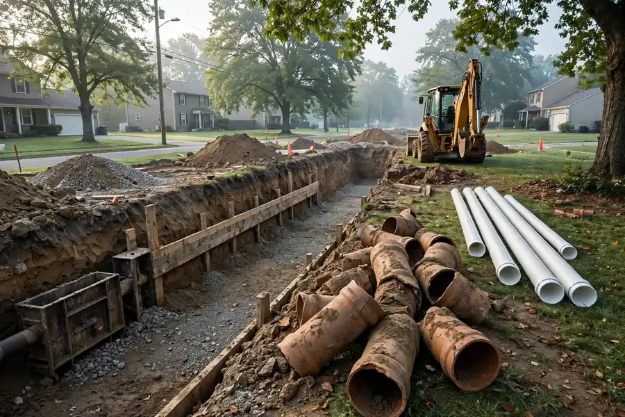 Open-cut sewer line replacement in Bartlett, IL