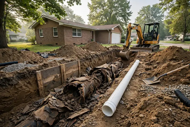 Open-trench sewer replacement exposing collapsed Orangeburg pipe at a Carol Stream IL home