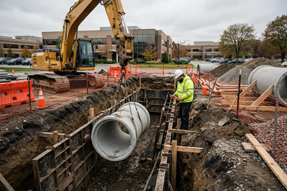 Reemplazo comercial de tubería de alcantarillado con excavadora en un complejo de oficinas en Itasca IL