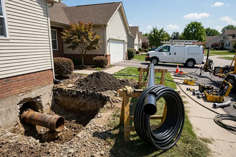 Trenchless sewer replacement with staged HDPE pipe at a Schaumburg IL subdivision home