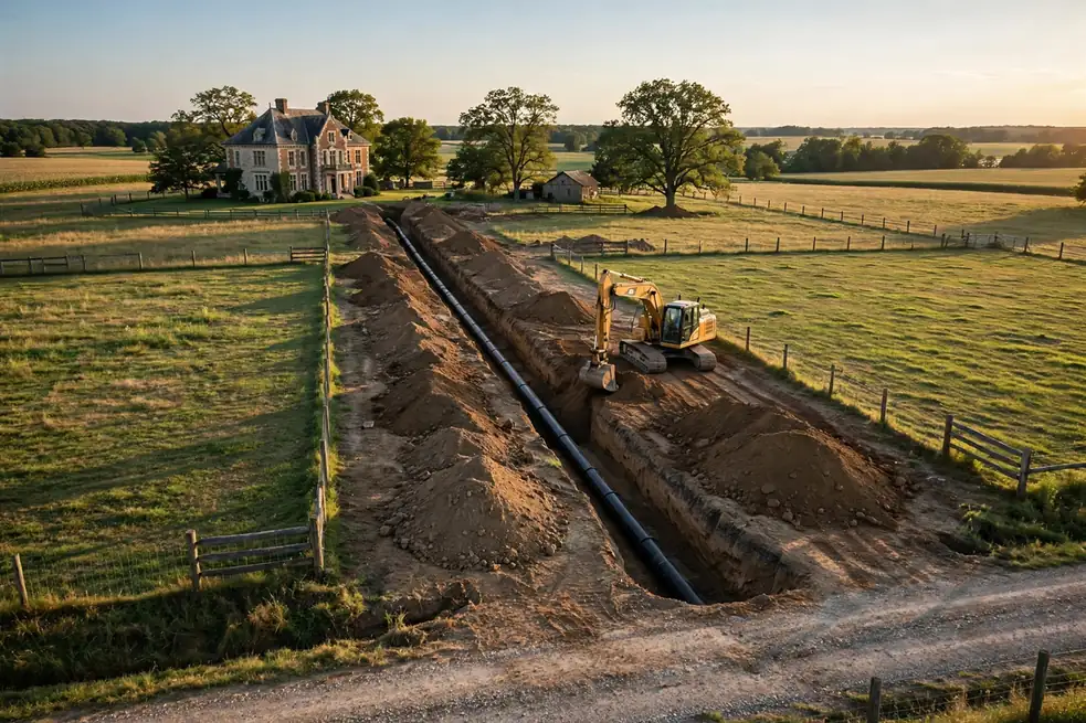 Open-trench sewer line replacement across a Wayne IL acreage