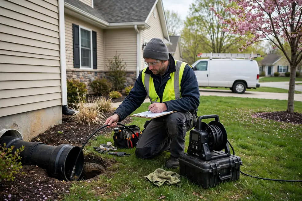 Technician performing a scheduled sewer maintenance camera check at a Bartlett IL home