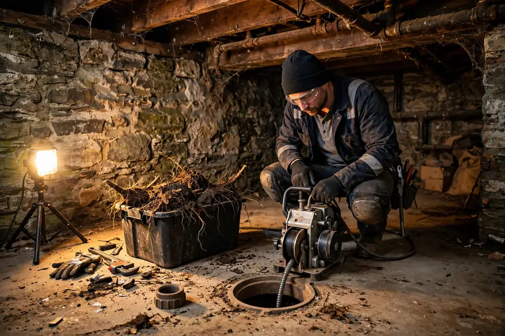 Visita anual de mantenimiento con corte de raíces en el sótano de una casa histórica en Elgin IL