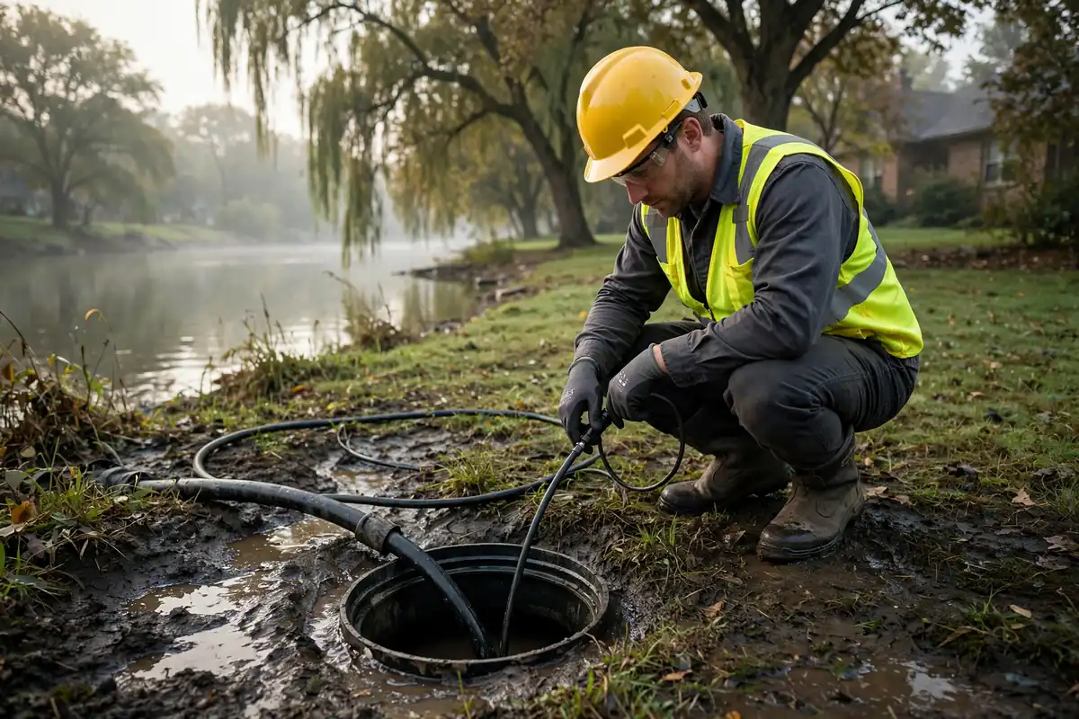 Técnico realizando una evaluación de infiltración de alcantarillado cerca del río Fox en St. Charles IL