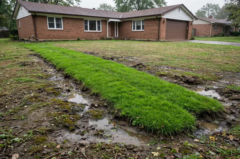 Franja de césped sospechosamente verde marcando el recorrido de una tubería de alcantarillado defectuosa en un jardín de los suburbios de Chicago