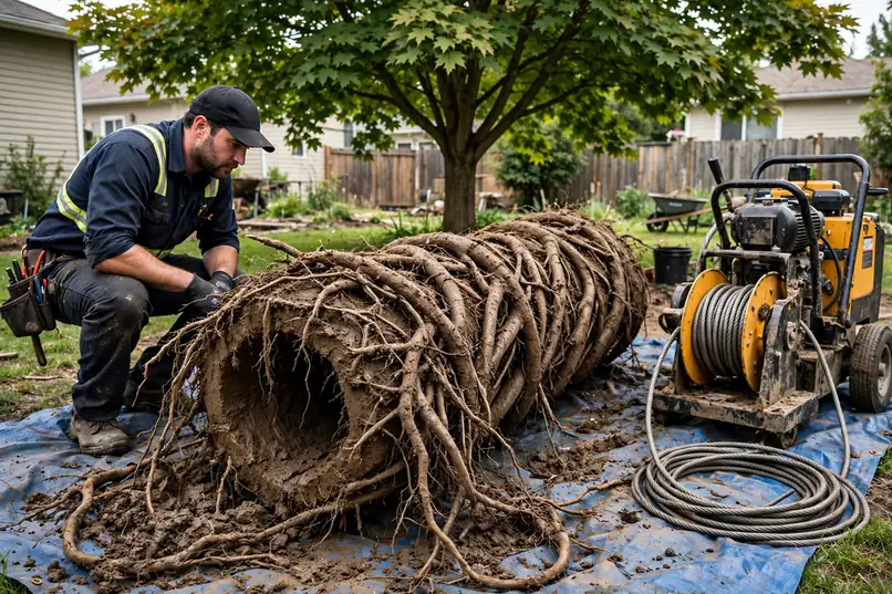 Densa masa de raíces de árbol extraída de una tubería de alcantarillado en Carol Stream IL