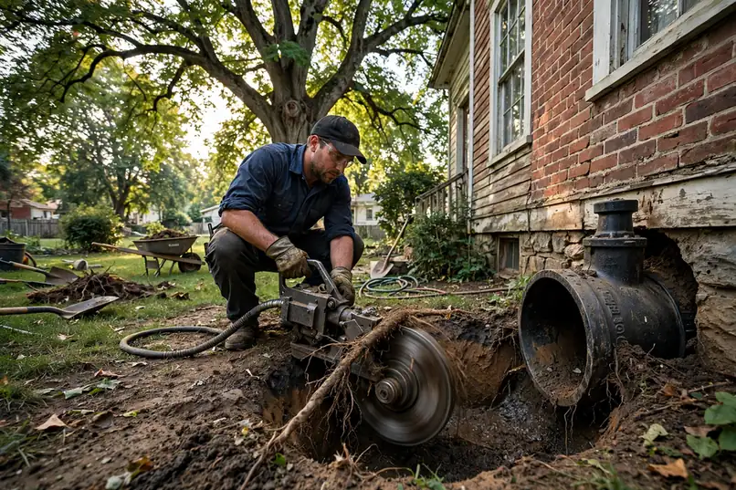 Technician cutting tree roots from a clay sewer lateral at a historic Geneva IL home