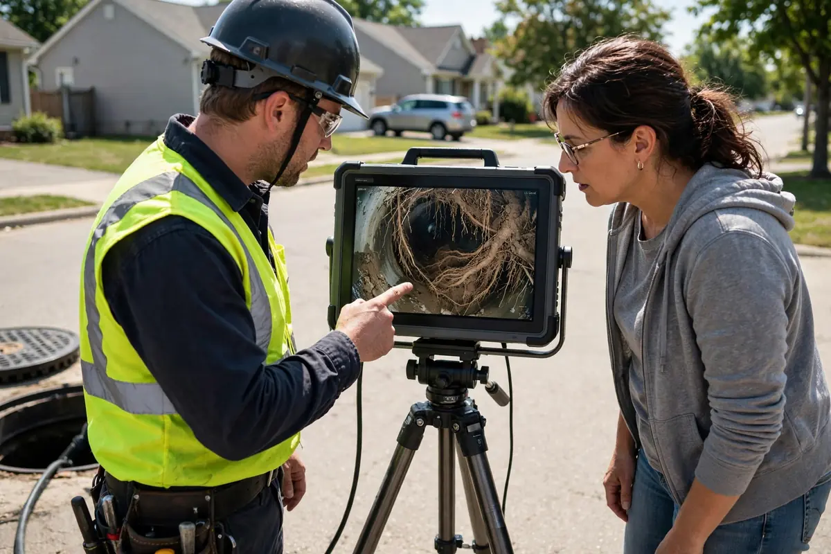 Camera showing root intrusion in a sewer pipe in Hanover Park, IL