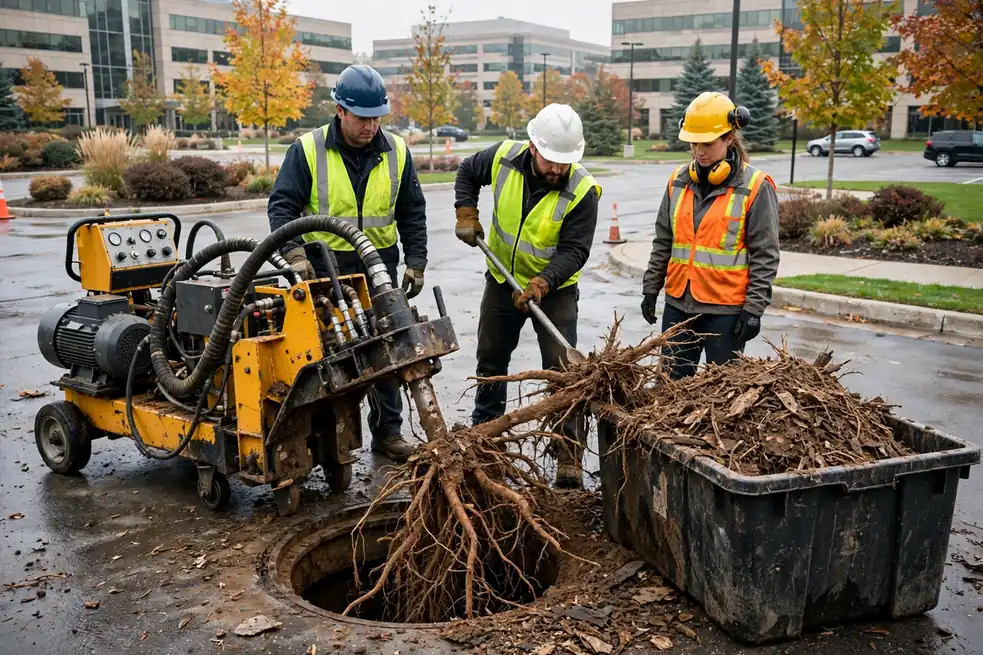Equipo eliminando raíces de árbol de una tubería comercial en un campus corporativo en Itasca IL