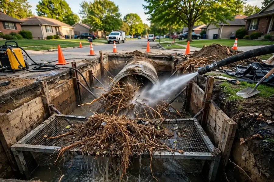 Hydro jetting tree roots from a sewer line in Rolling Meadows, IL