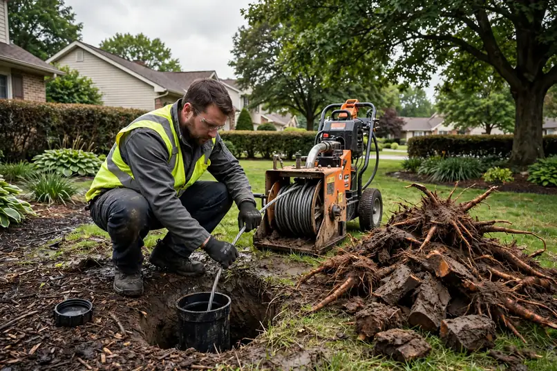 Technician feeding a root-cutting cable into a Schaumburg IL sewer cleanout