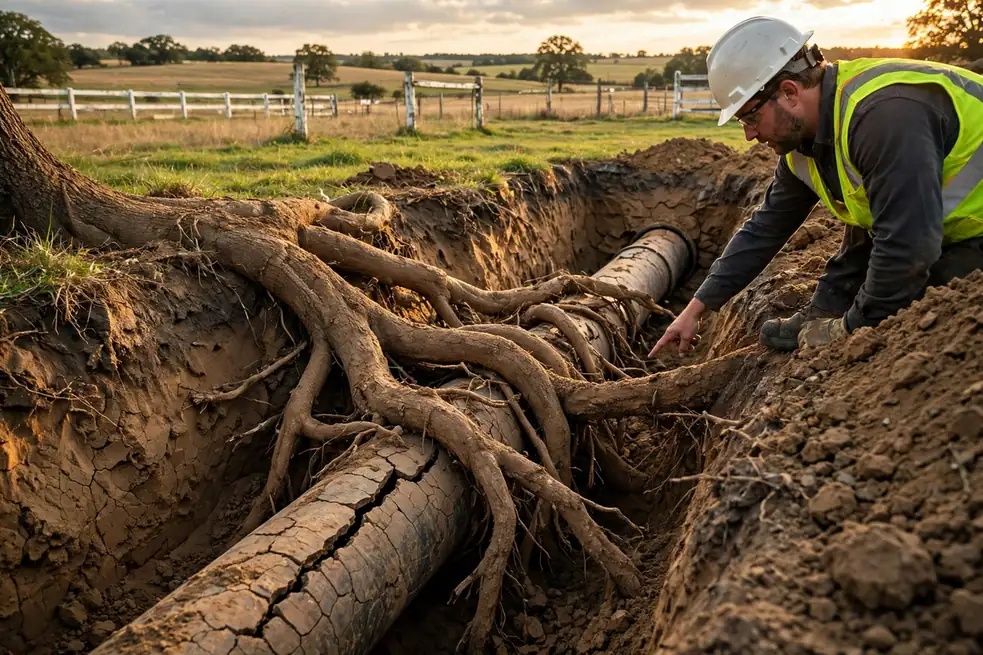 Oak roots wrapped around a cracked sewer lateral exposed on a Wayne IL acreage