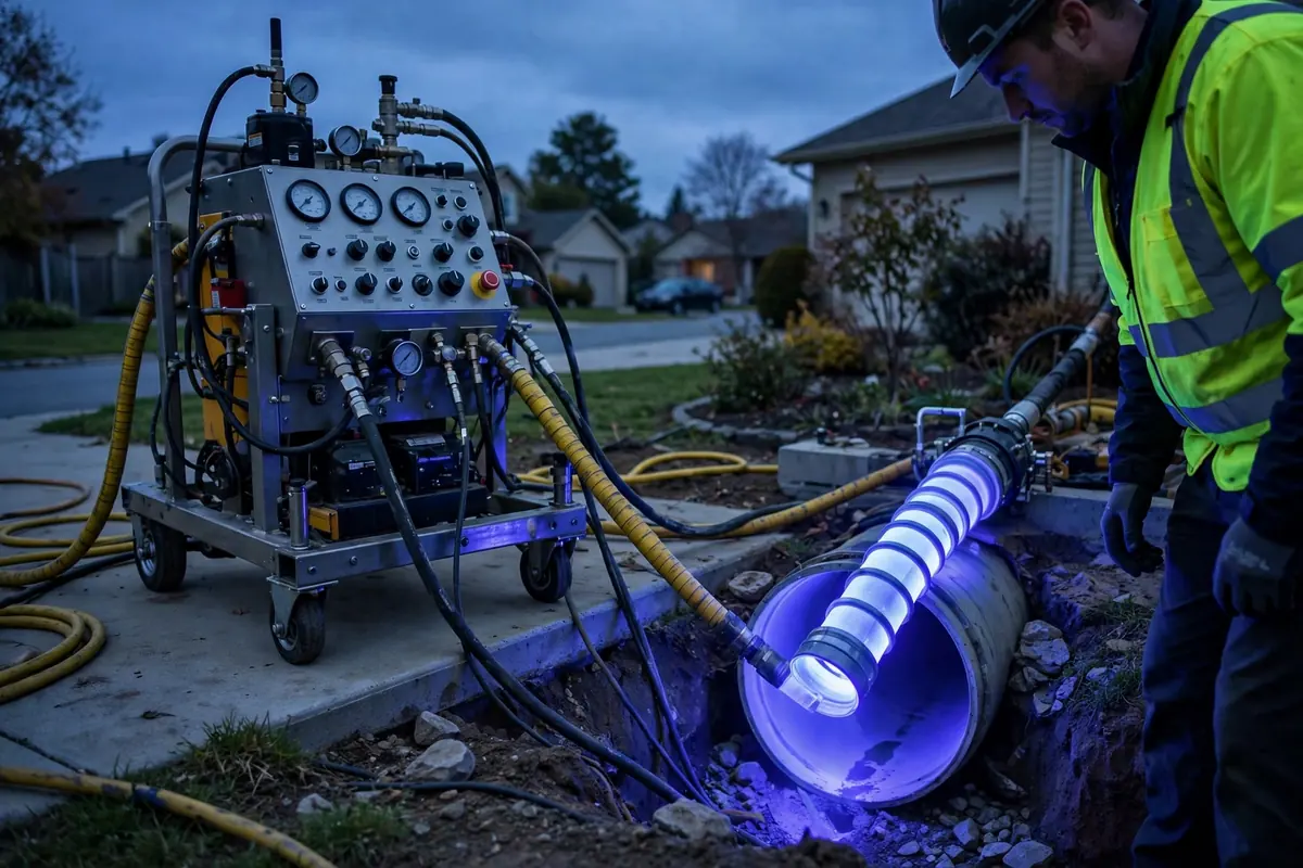 Equipo de curado con luz UV para revestimiento de tubería sin zanja en una casa suburbana