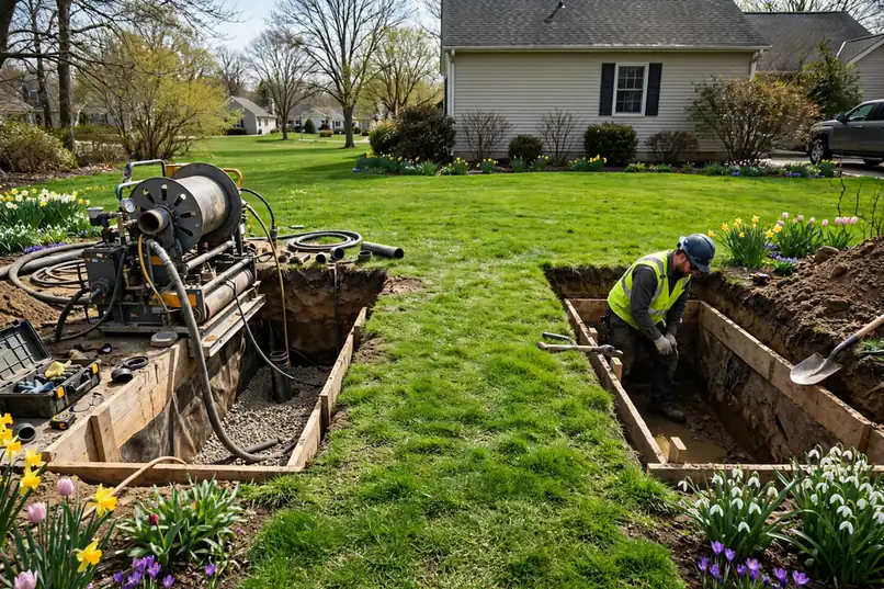 Instalación de reparación de alcantarillado sin zanja con jardín intacto en una casa en Bartlett IL