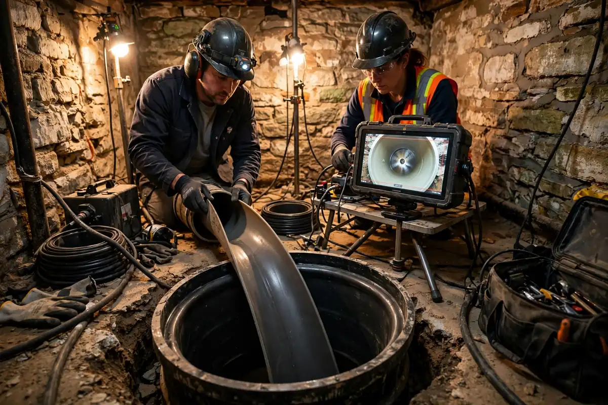 Technicians completing a camera-planned trenchless liner in an Elgin IL basement