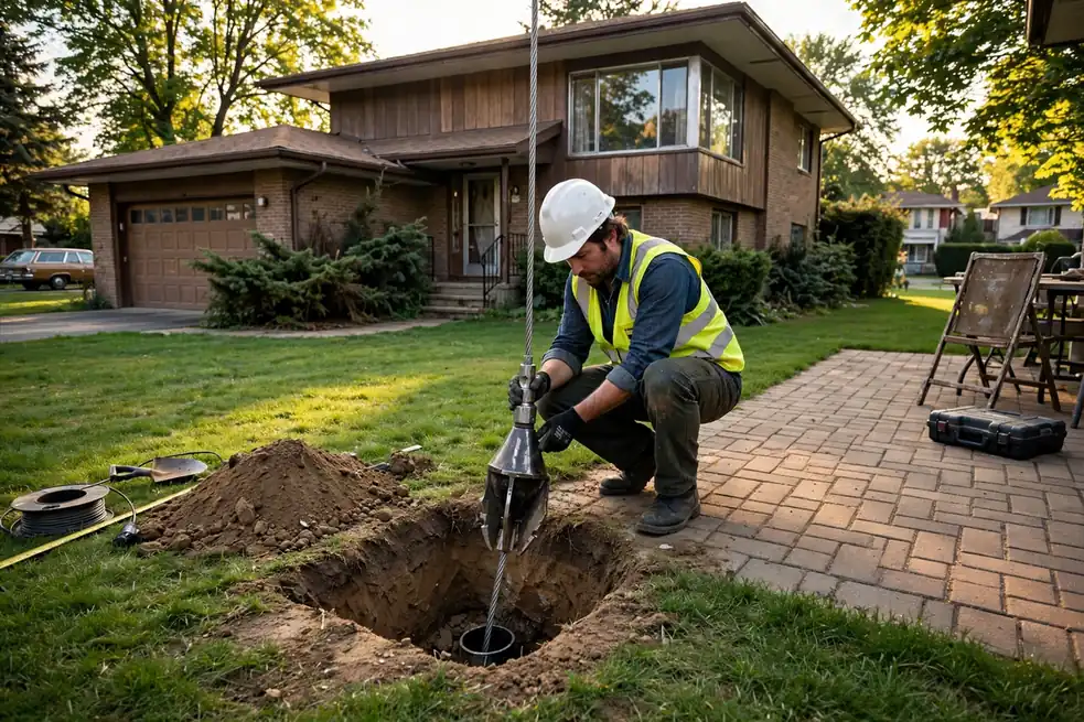 Technician guiding a bursting cable through a Hanover Park IL yard during no-dig repair