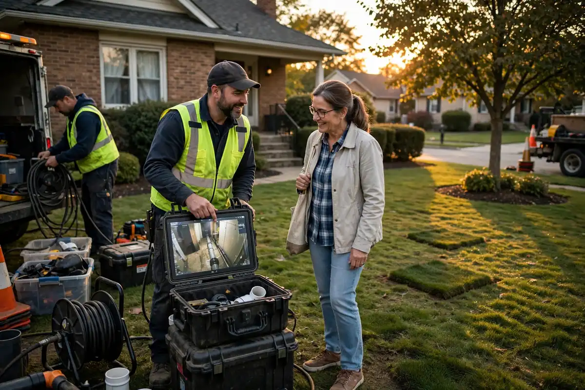 Trenchless repair crew showing final camera footage with yard intact in Rolling Meadows IL