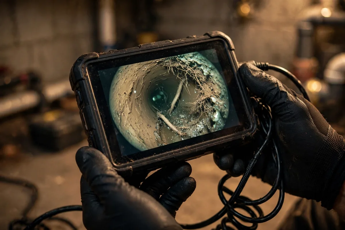 Primer plano de un monitor de inspección mostrando raíces de árbol dentro de una tubería de alcantarillado